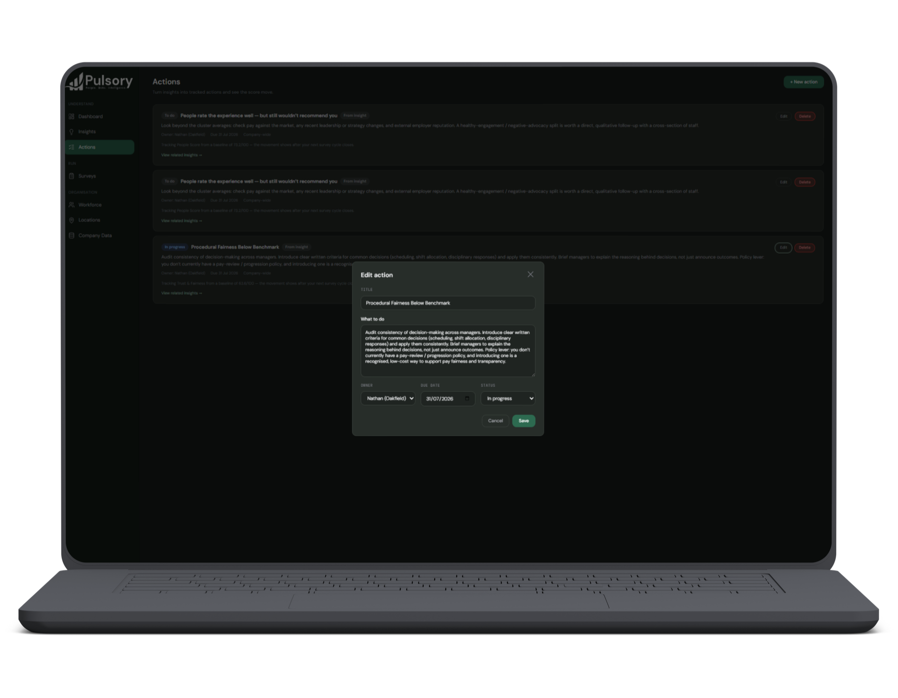 The Pulsory Actions page, showing a tracked action created from an insight with an owner, a due date and a status.