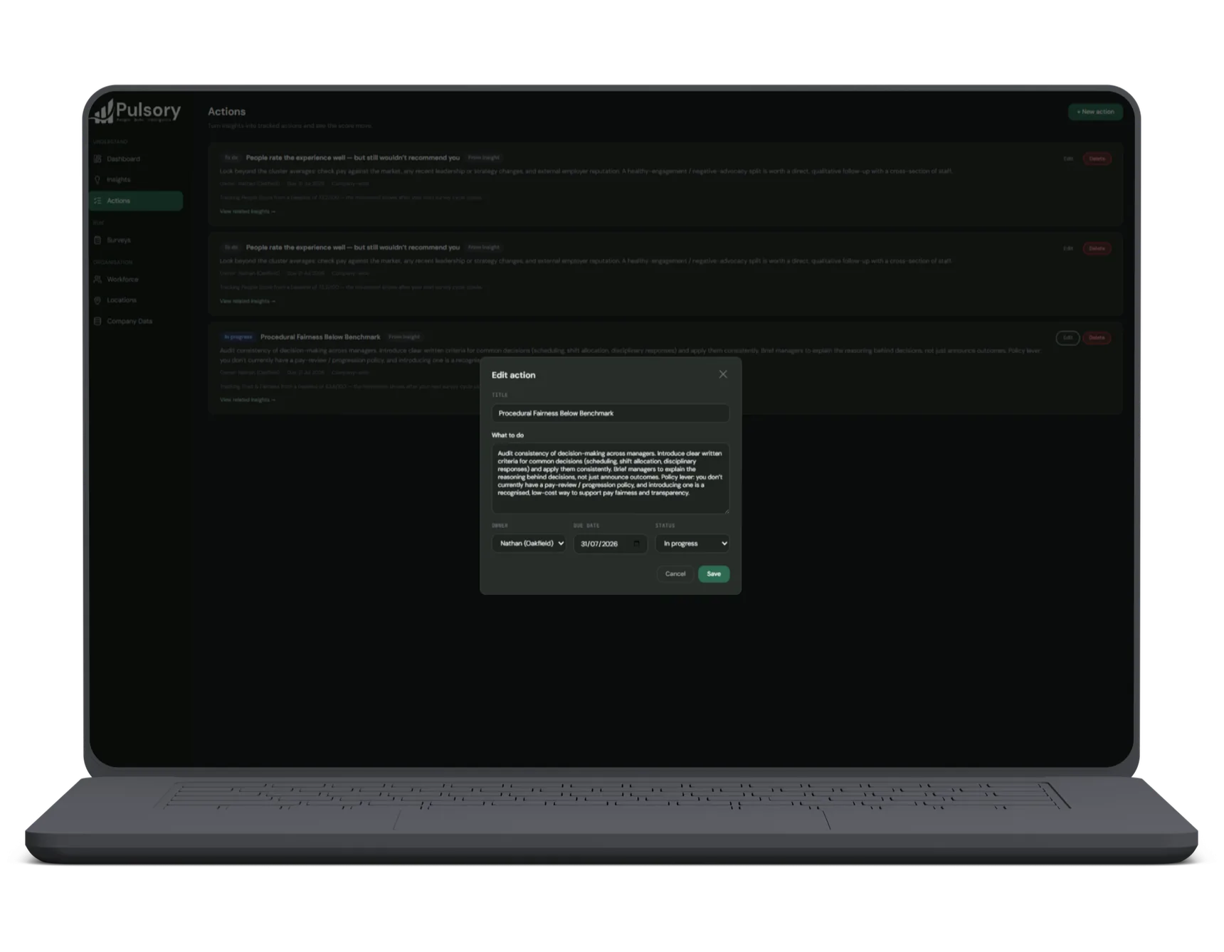 The Pulsory Actions page, showing a tracked action created from an insight with an owner, a due date and a status.