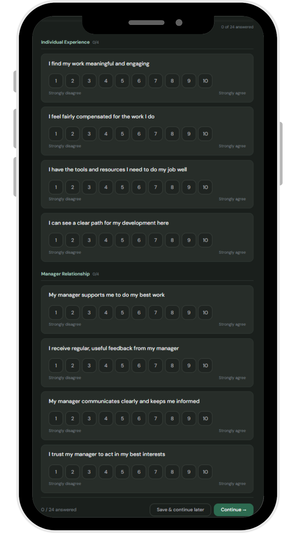 The Pulsory employee survey on a phone, showing rating questions grouped by Individual Experience and Manager Relationship on a 1 to 10 scale.