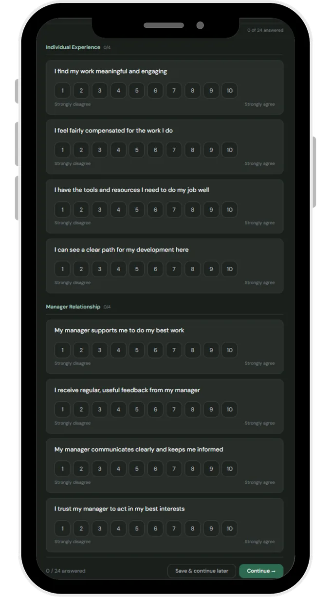 The Pulsory employee survey on a phone, showing rating questions grouped by Individual Experience and Manager Relationship on a 1 to 10 scale.